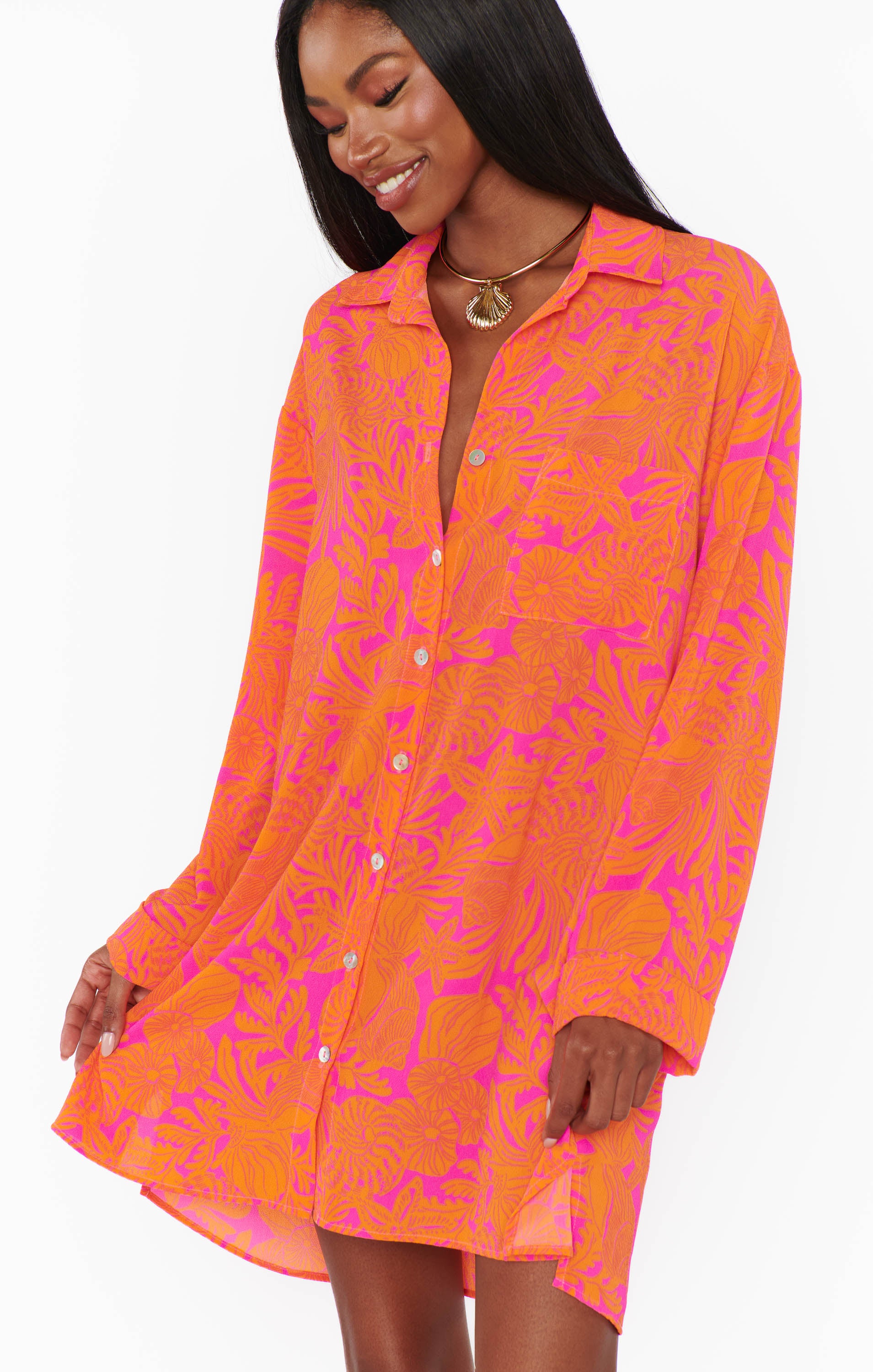 Show Me Your Mumu Beachclub Button Down Fuschia Shells Pebble