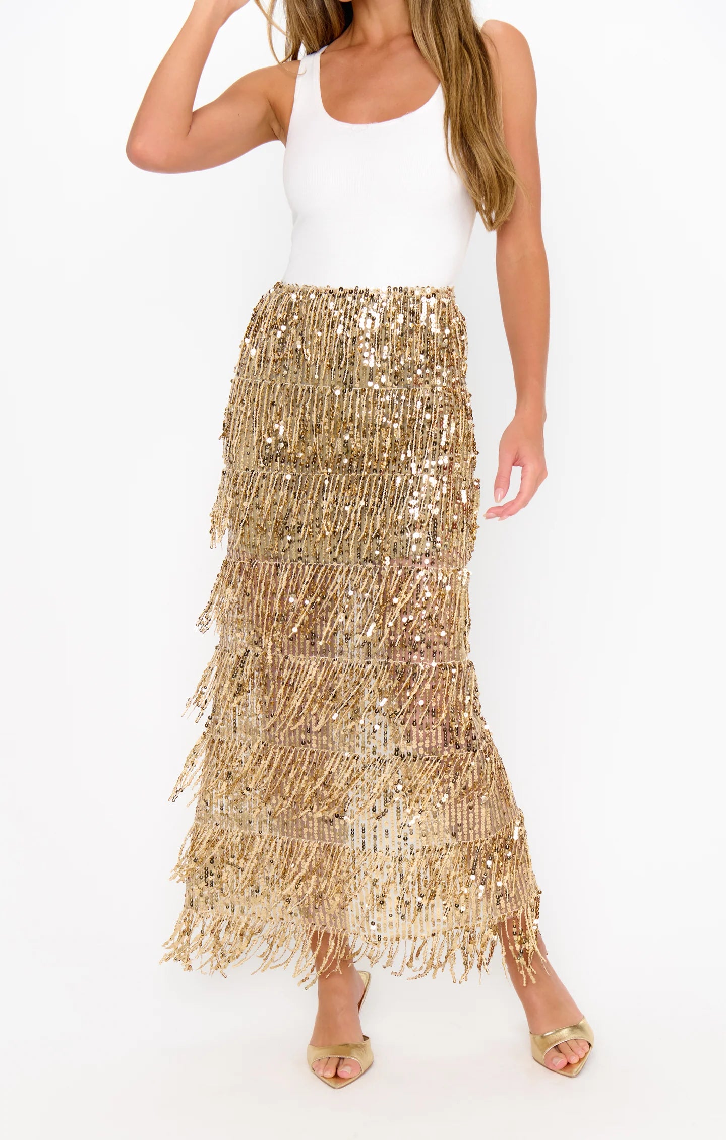 Show Me Your Mumu Sadie Maxi Dress White Rib with Gold Sequins