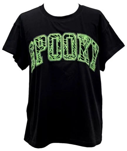 Queen of Sparkles Neon Spiderweb Spooky Tee Black and Green