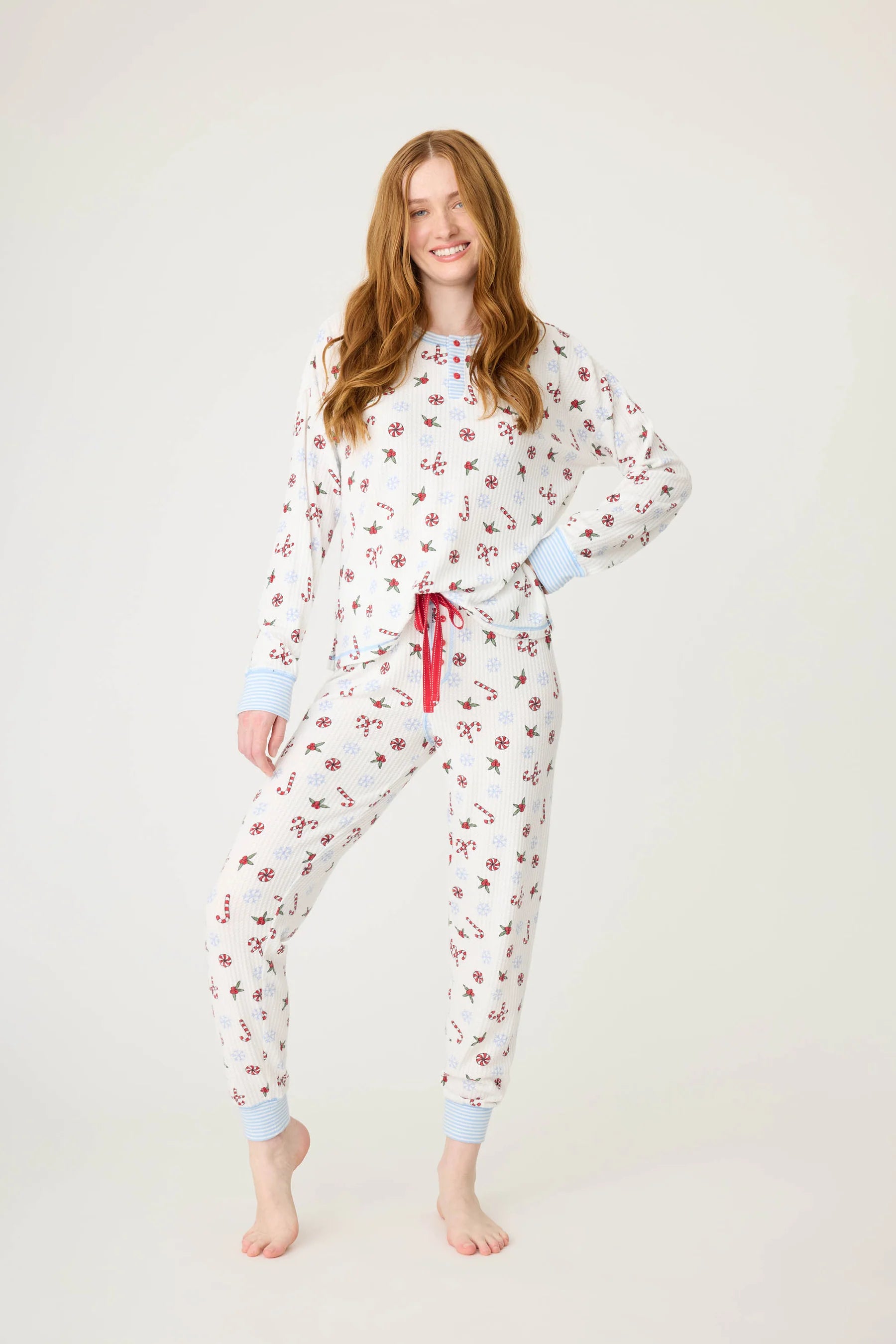 PJ Salvage Candy Cane Waffle Thermal Ski Jammie Set