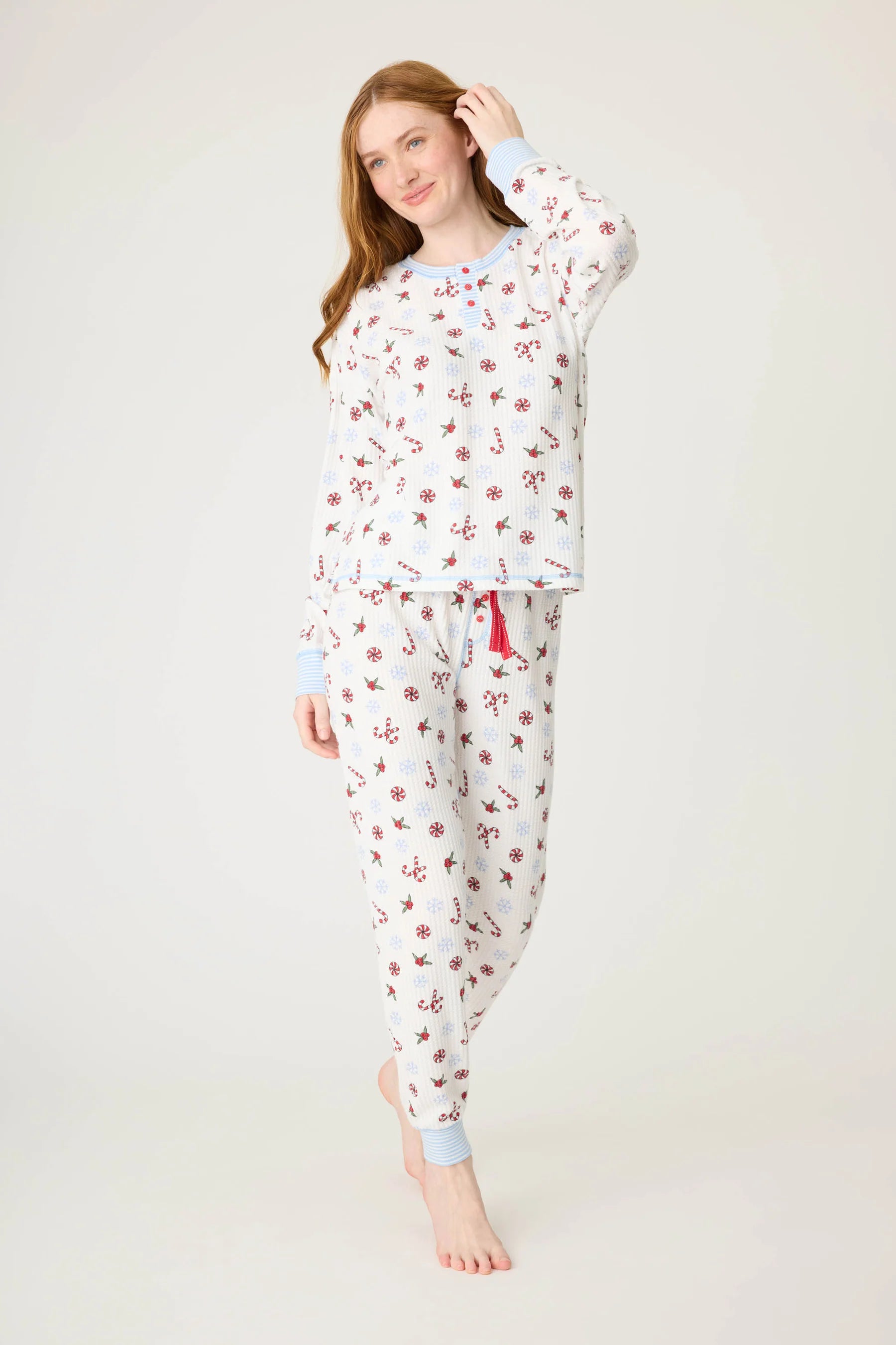 PJ Salvage Candy Cane Waffle Thermal Ski Jammie Set