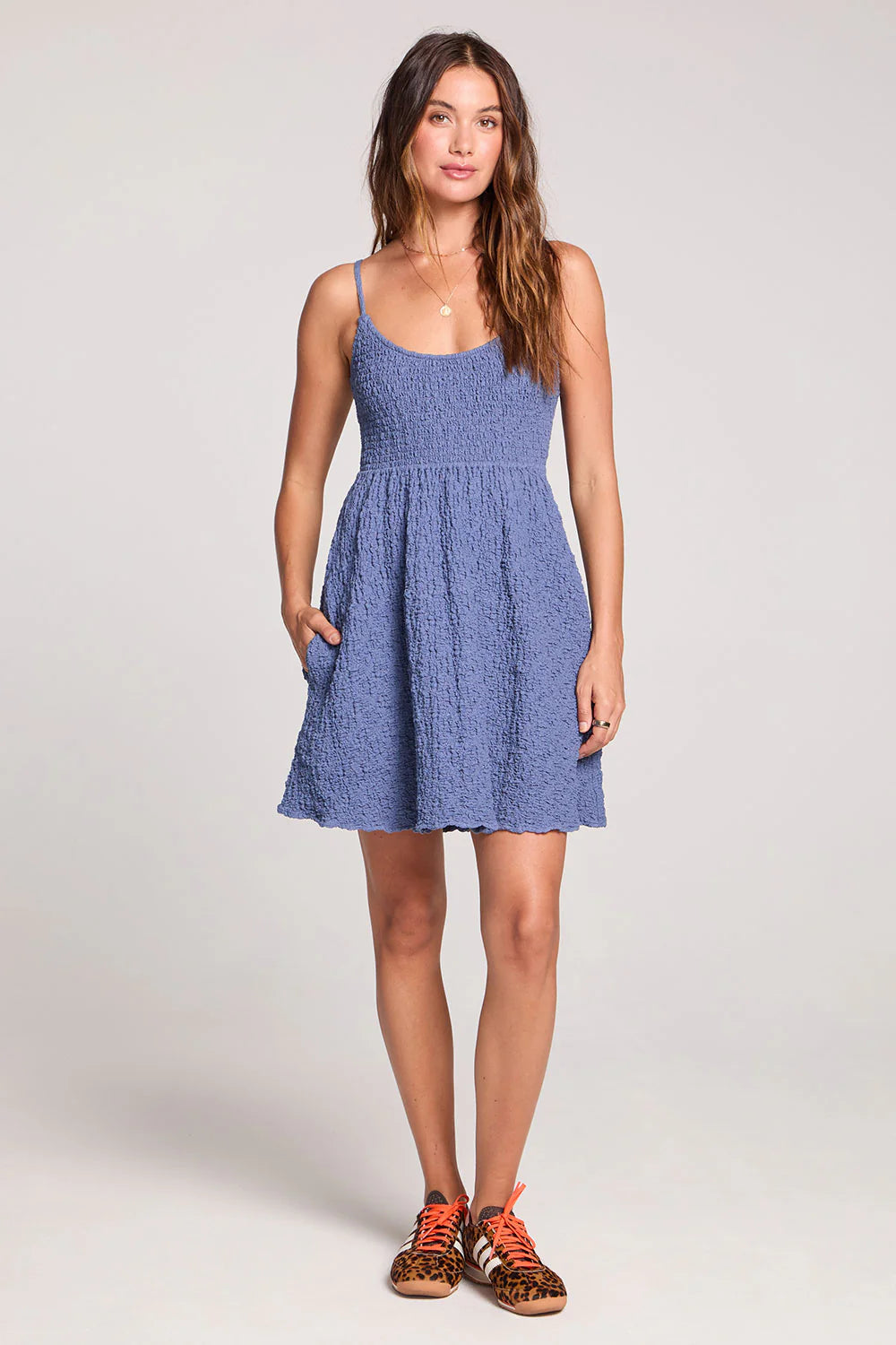 Saltwater Luxe Jazmyn Mini Dress – Dusty Blue Scoop Neck Full Skirt Mini L Saltwater Luxe Jazmyn Mini Dress – Dusty Blue Scoop Neck Full Skirt Mini L