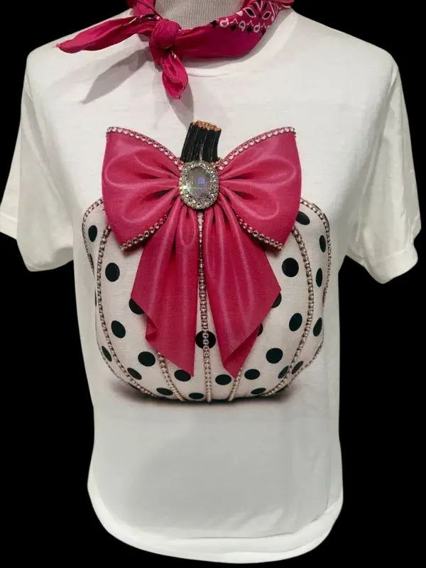 Polkadot Pumpkin with Embellished Pink Bow Crew White