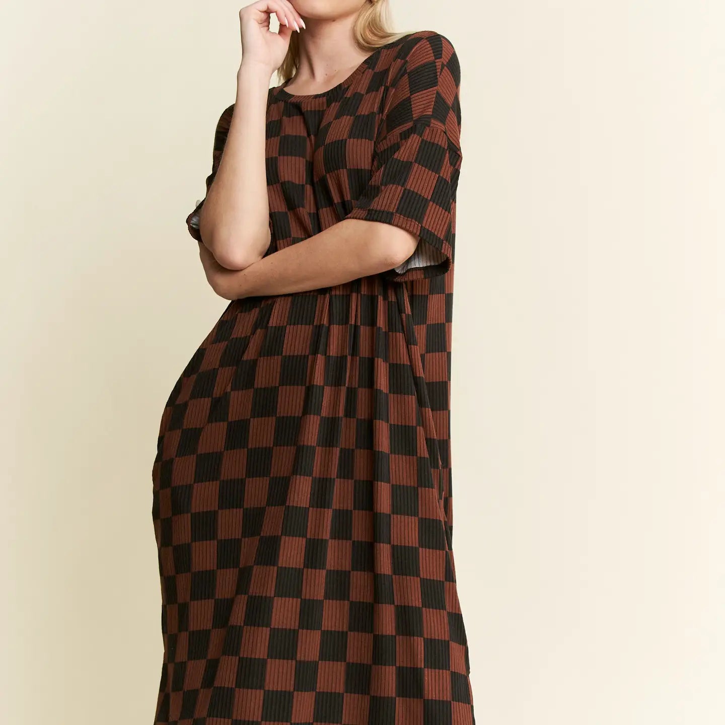 Jade by Jane Ribbed Checkerboard Midi Dress Black/Mocha