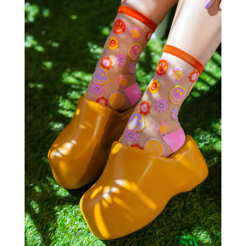 Sock Candy Smiley Face Daisy Sheer Crew Sock