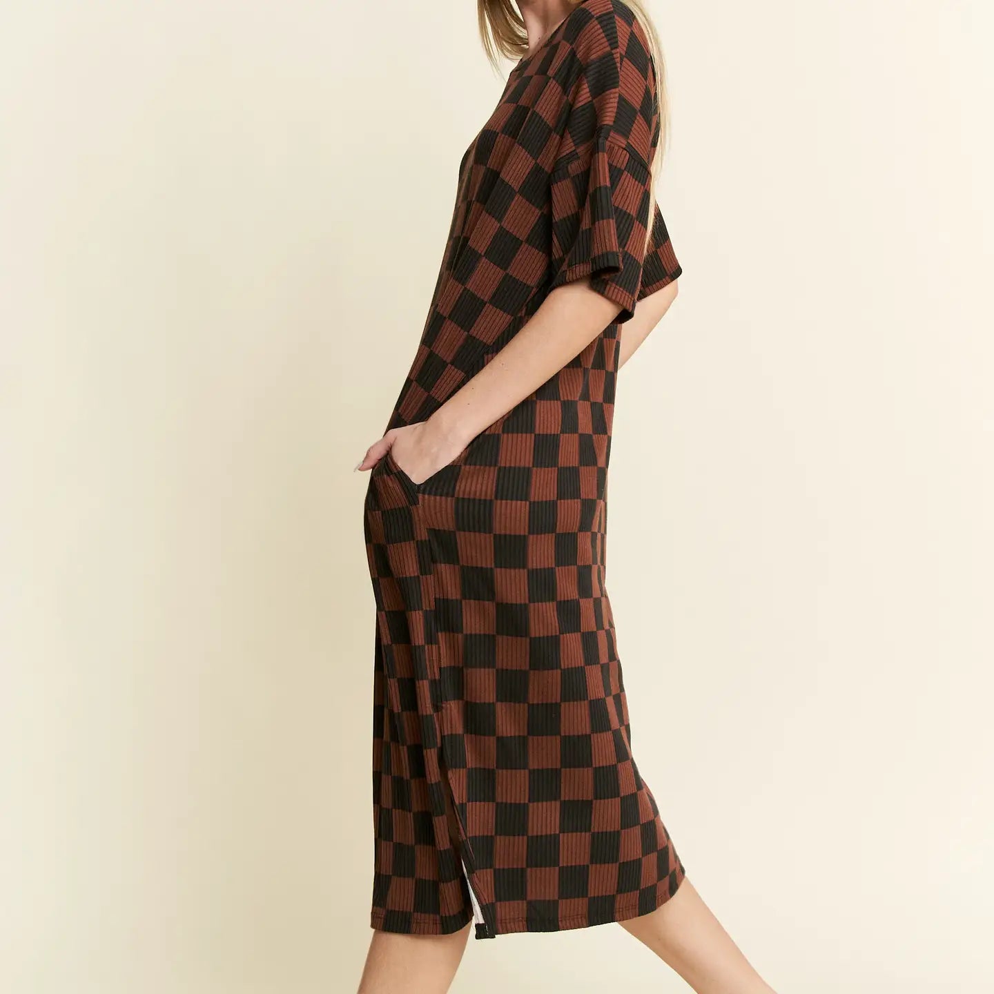 Jade by Jane Ribbed Checkerboard Midi Dress Black/Mocha