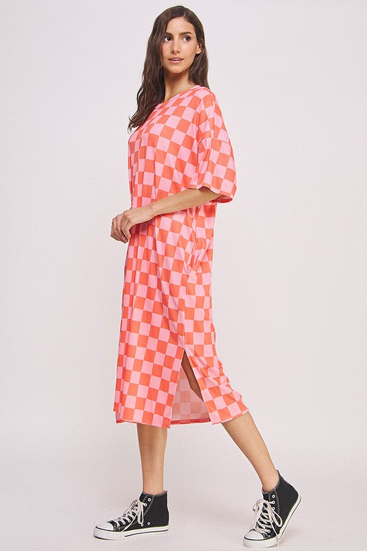 Jade by Jane Ribbed Checkerboard Midi Dress Red/Pink
