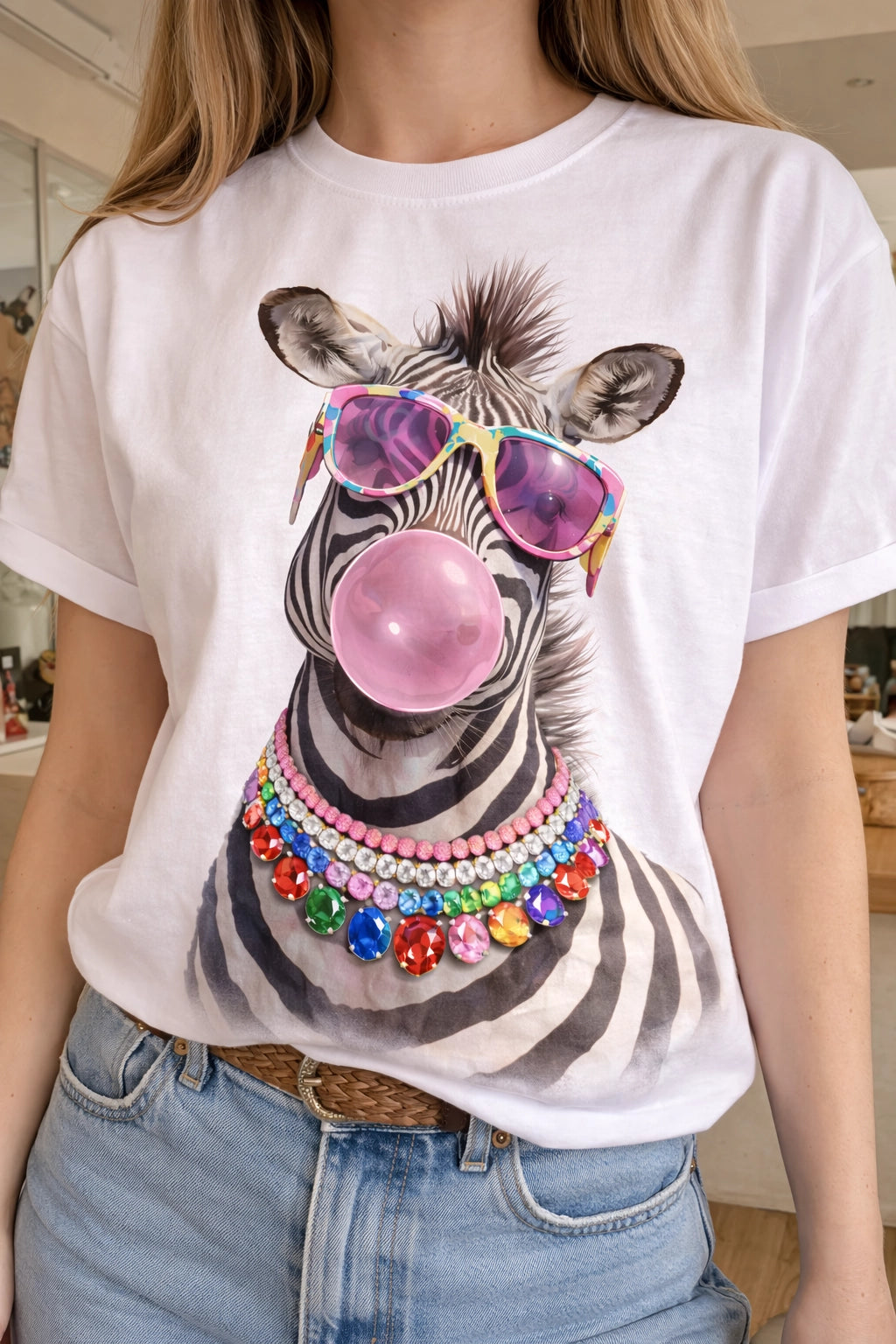 Jeweled Collar Zebra Tee - Pink