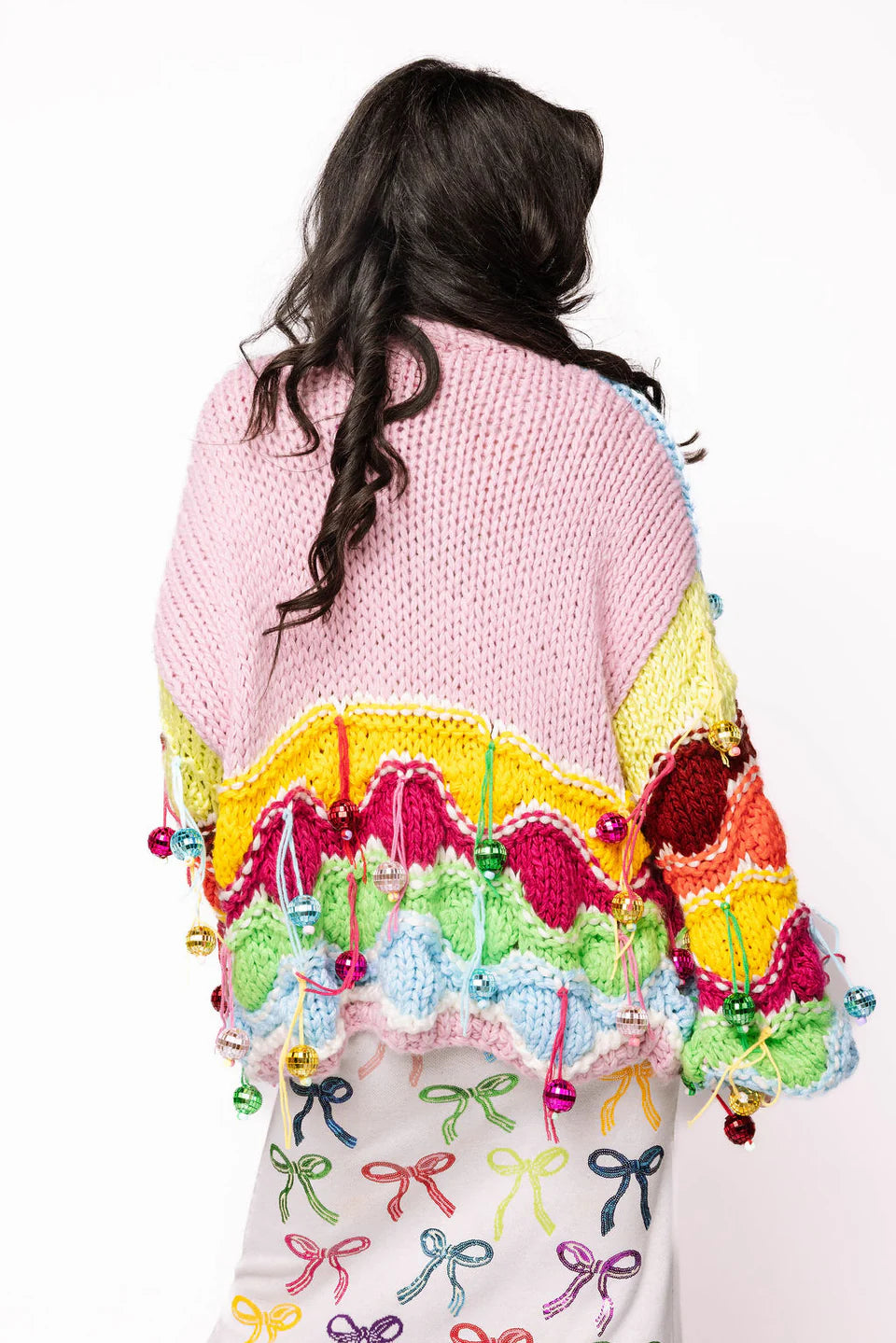 Queen of Sparkles Rainbow Colorblock Fringe Disco Ball Ornament Cardigan