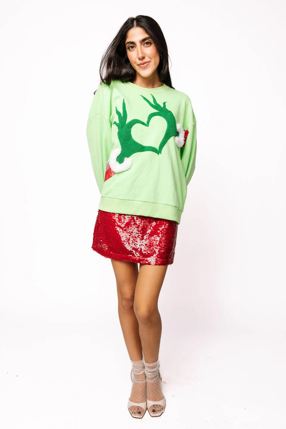 Queen of Sparkles Green Grinch Heart Hands Sweatshirt