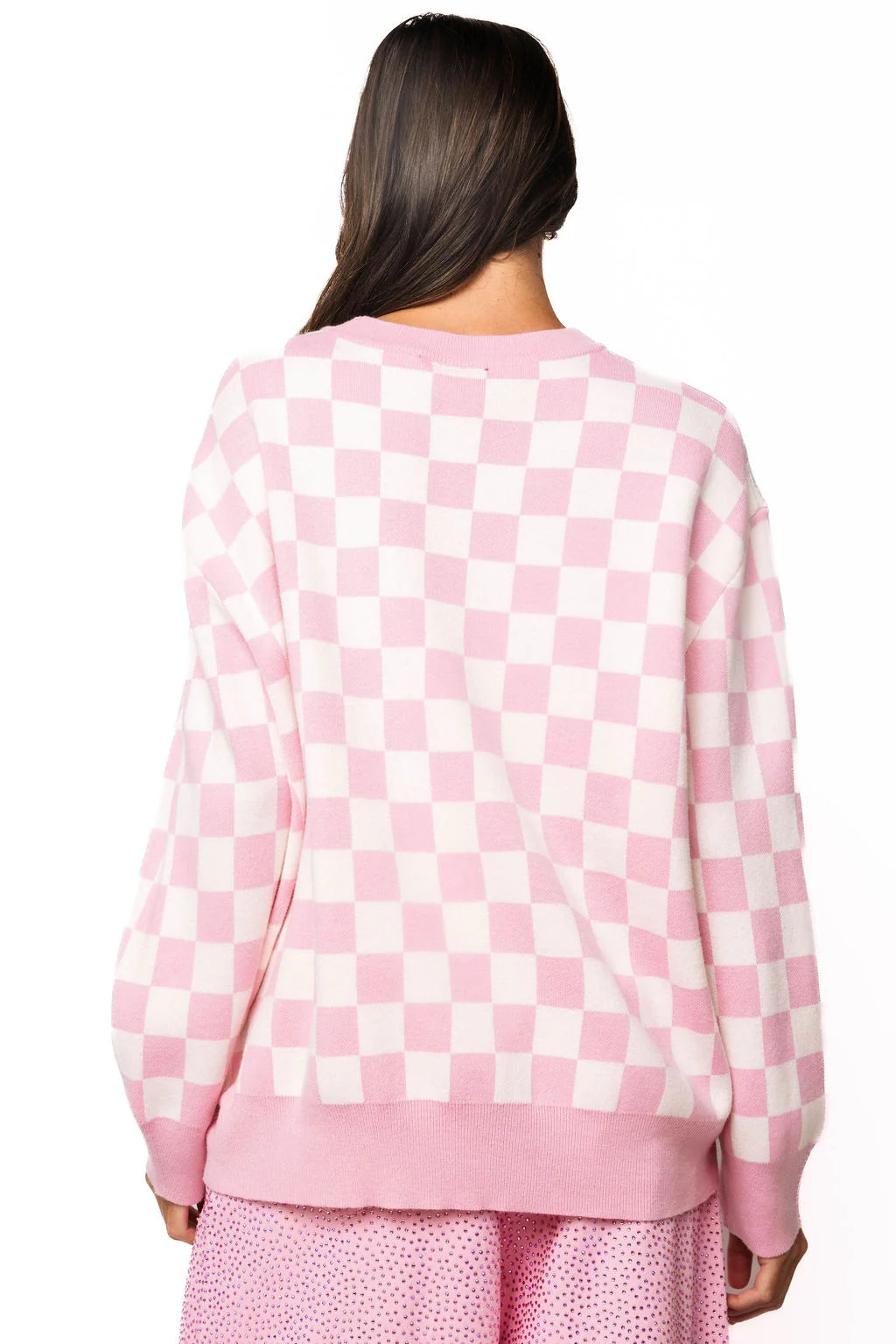Queen of Sparkles Sequin Reindeer Pink and White Checkered Sweater