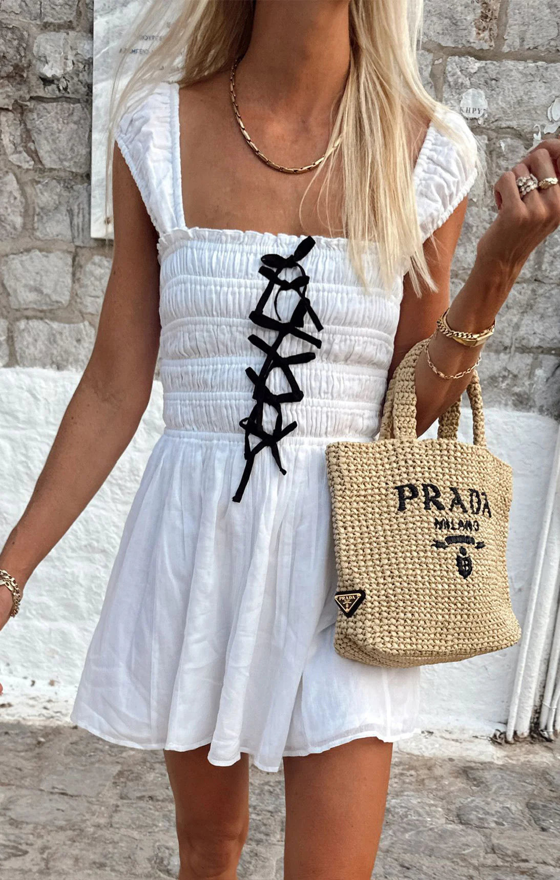 Show Me Your Mumu Mabel Mini Dress White Voile with Black Bows