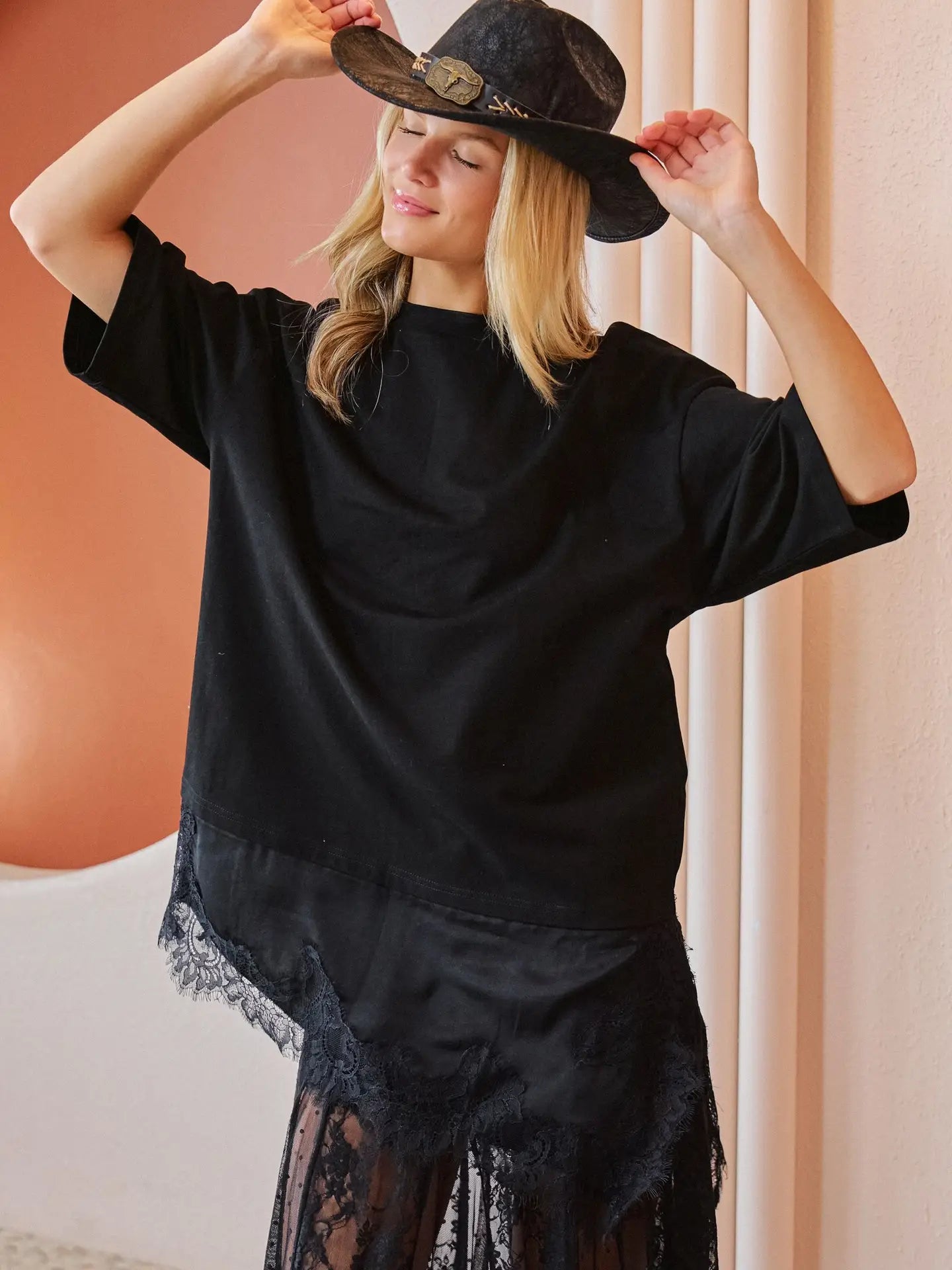 Asymmetric Lace Trim Oversized Tee - Black
