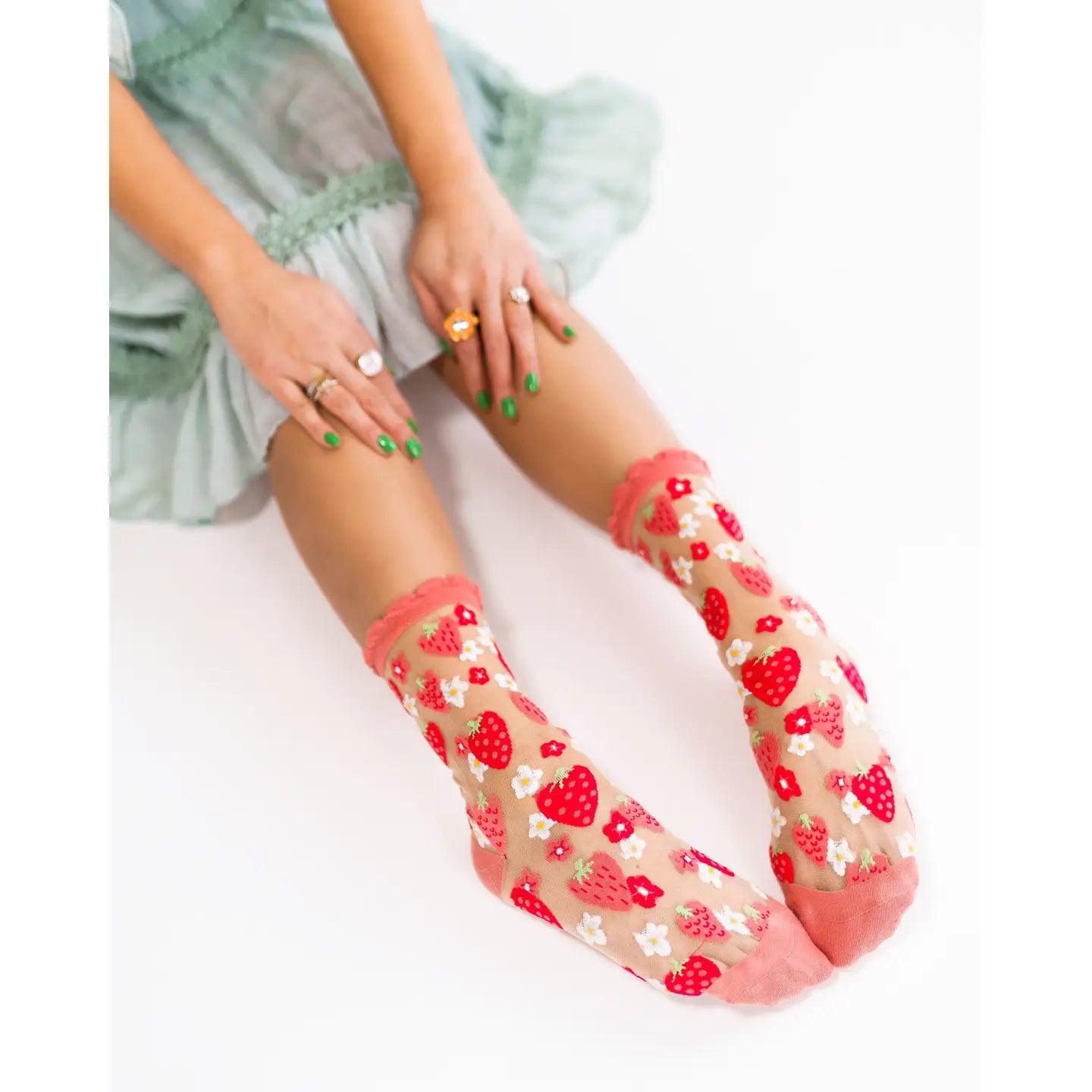 Sock Candy Strawberry Daisy Ruffle Sheer Crew Sock