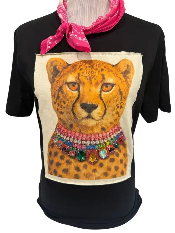 Leopard Jeweled Collar Patch on Black Crew Tee