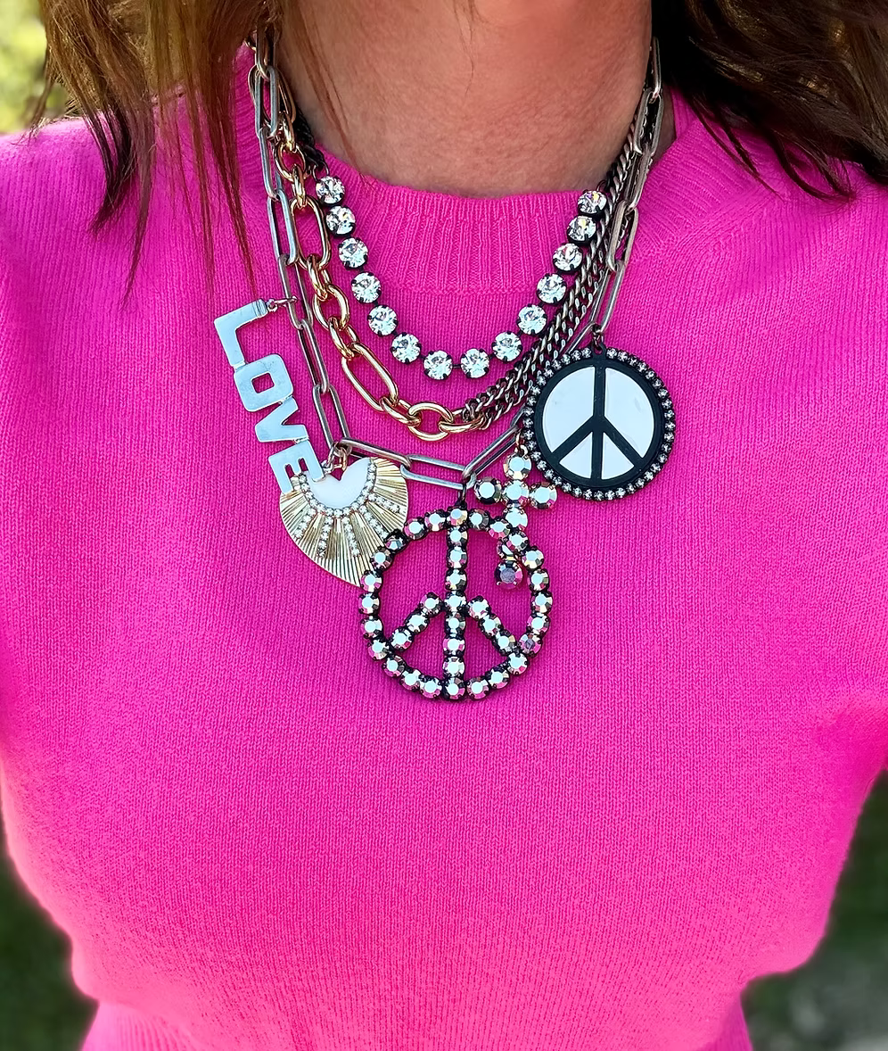Multi strand statement necklace with LOVE and peace signs