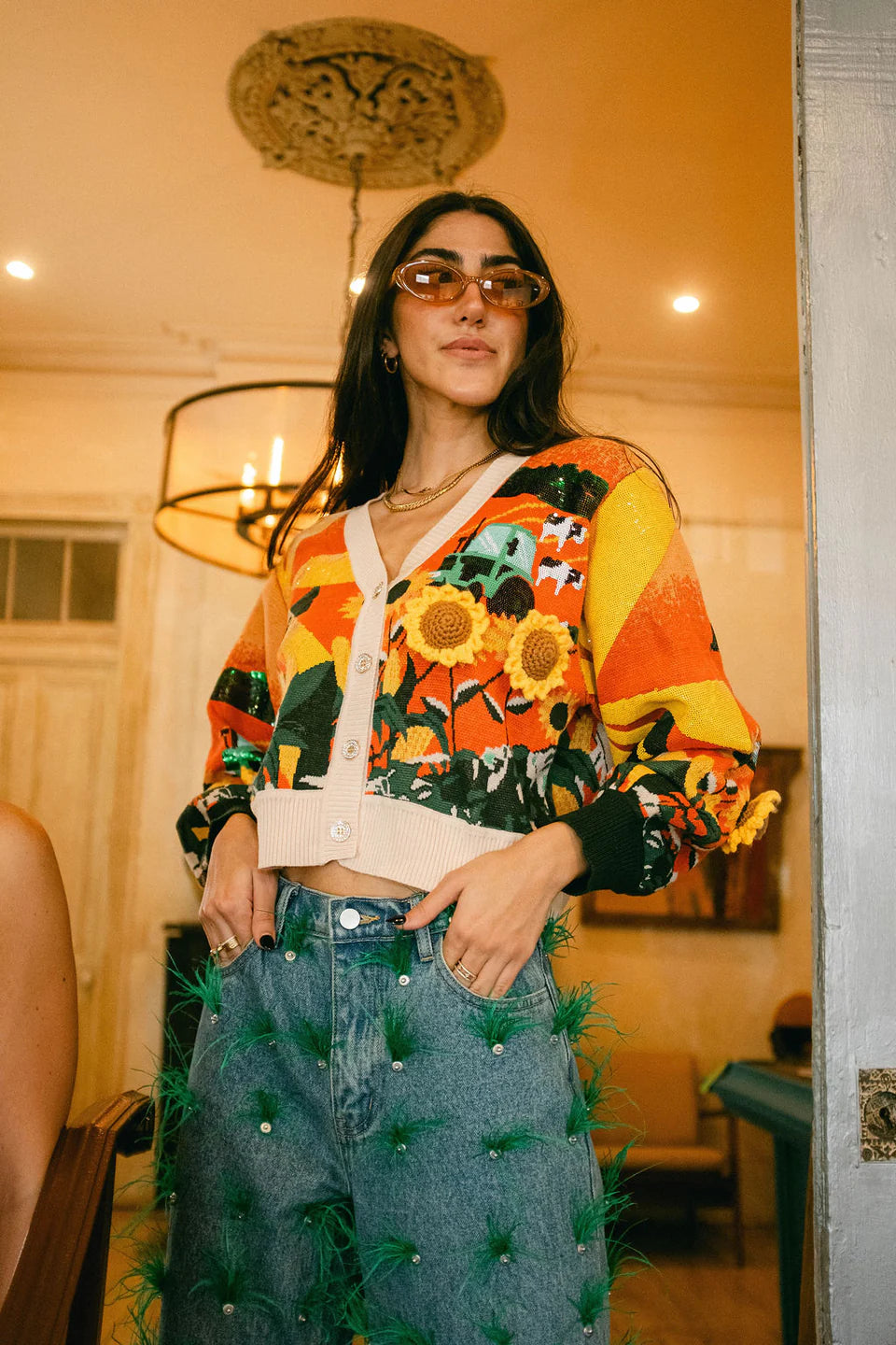 Queen of Sparkles Multi Farm With Knit Sunflowers Button Up Cardigan