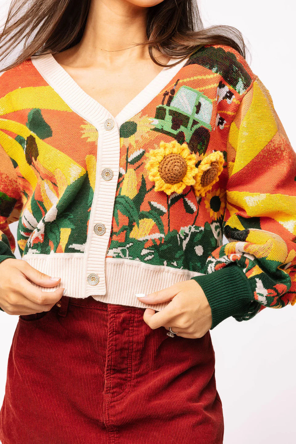 Queen of Sparkles Multi Farm With Knit Sunflowers Button Up Cardigan