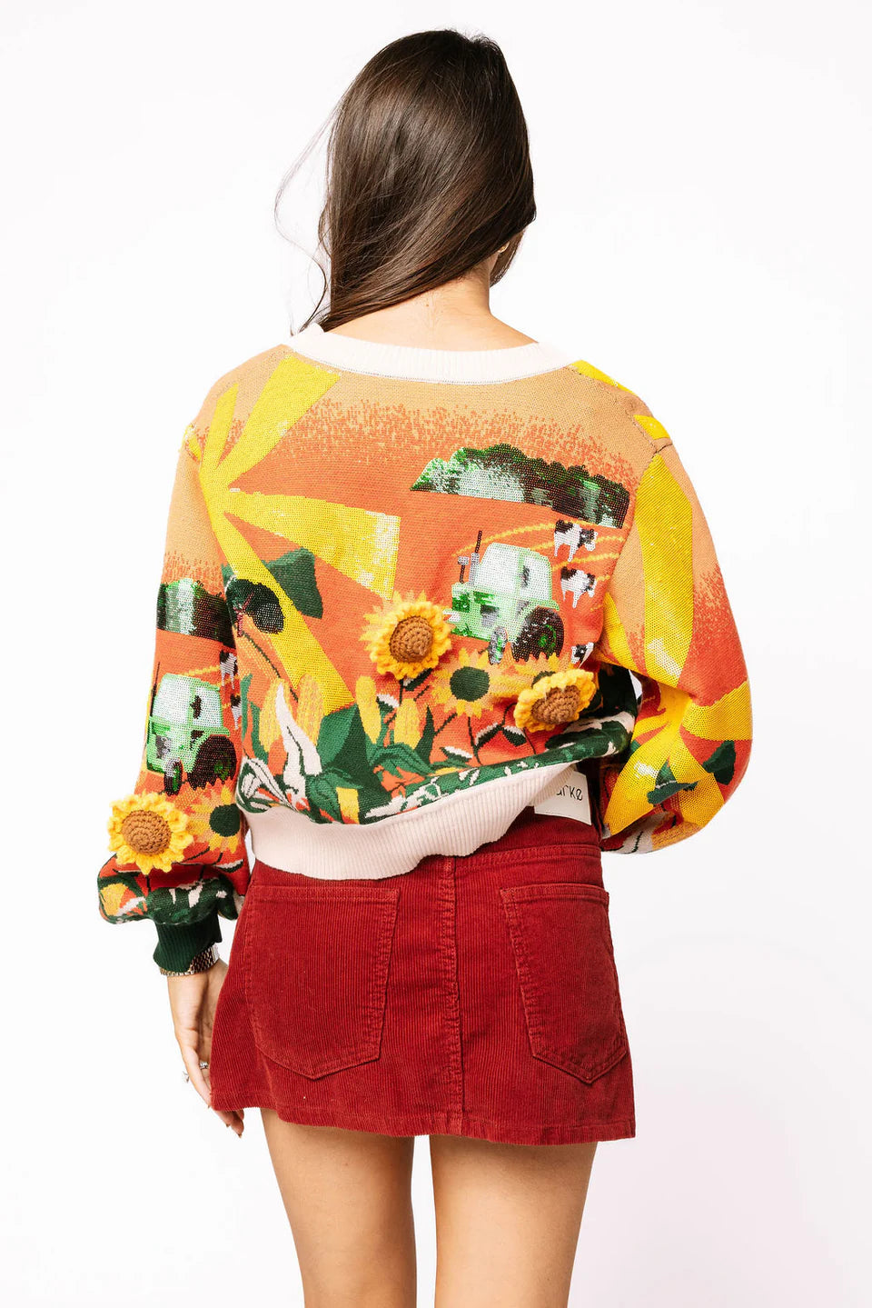 Queen of Sparkles Multi Farm With Knit Sunflowers Button Up Cardigan