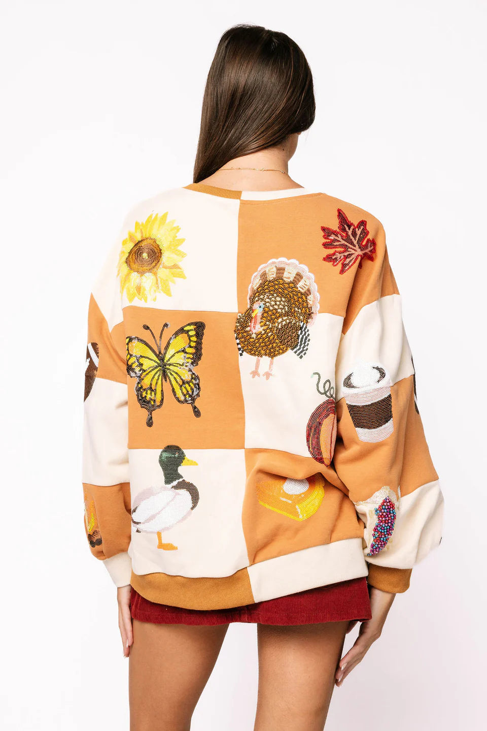 Queen of Sparkles Checkered Fall Icon Sweatshirt Brown & Ivory
