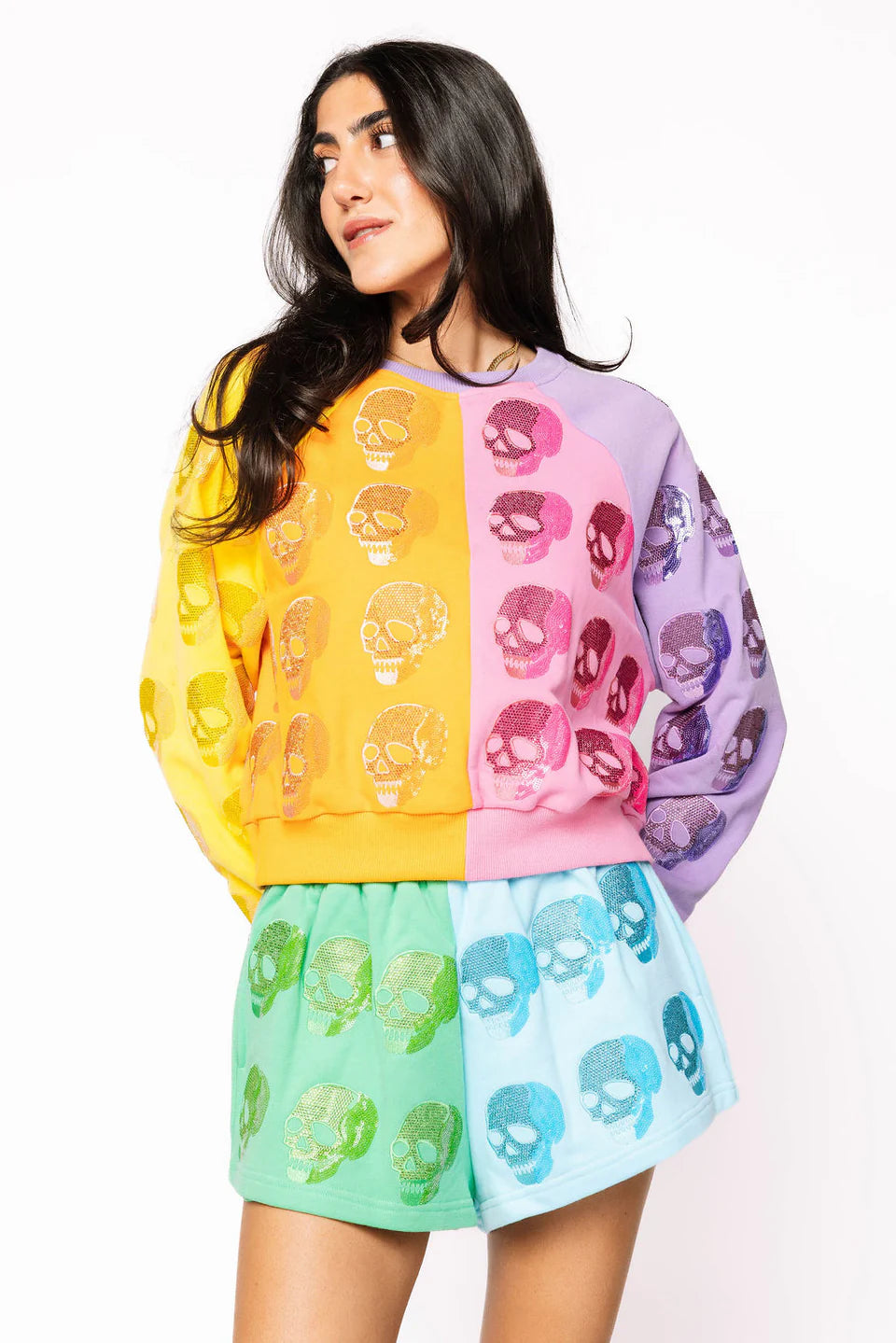 Queen of Sparkles Colorblock Multi Skull Short