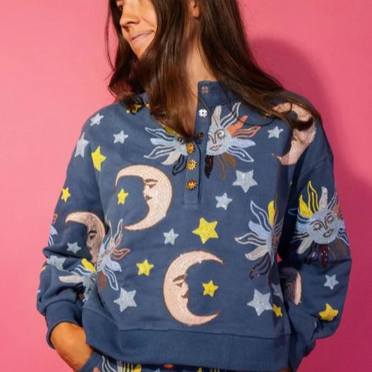 Queen of Sparkles Midnight Blue Stars & Moon Henley Sweatshirt