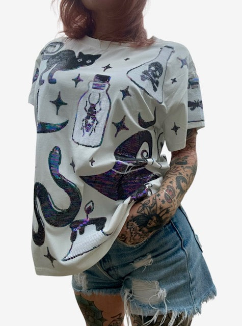 Queen of Sparkles White and Purple Sequin Halloween Icon Tee