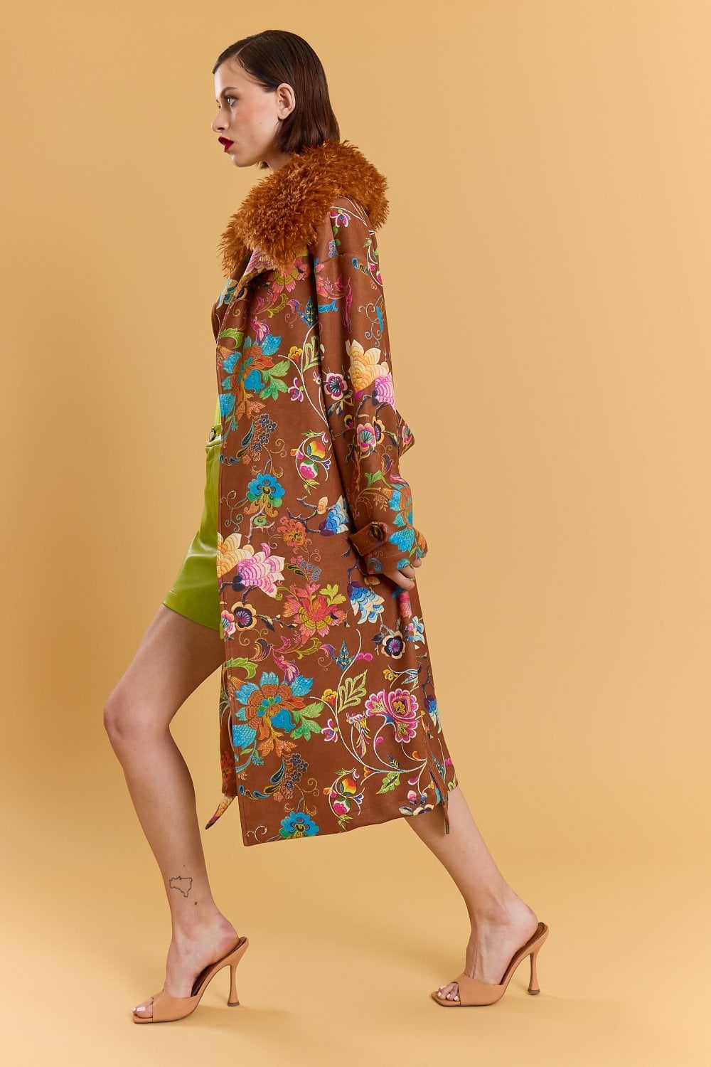 Jayley Brown Faux Suede Embroidery Effect Trench Coat