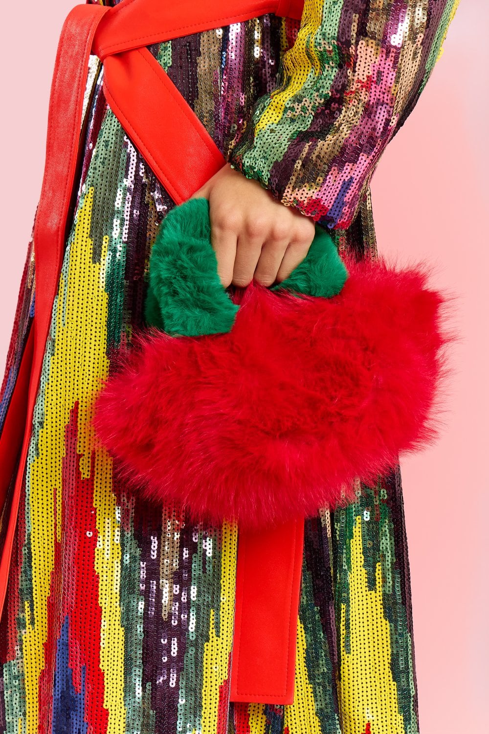 Jayley Red and Green Bamboo Faux Fur Bag