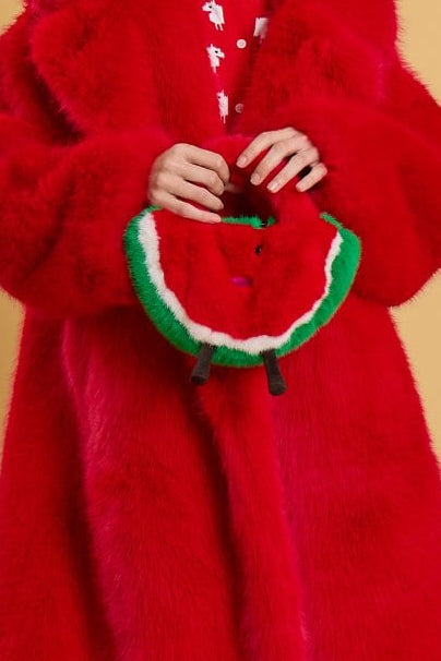Jayley Red and Green Handmade Watermelon Bamboo Fur Bag