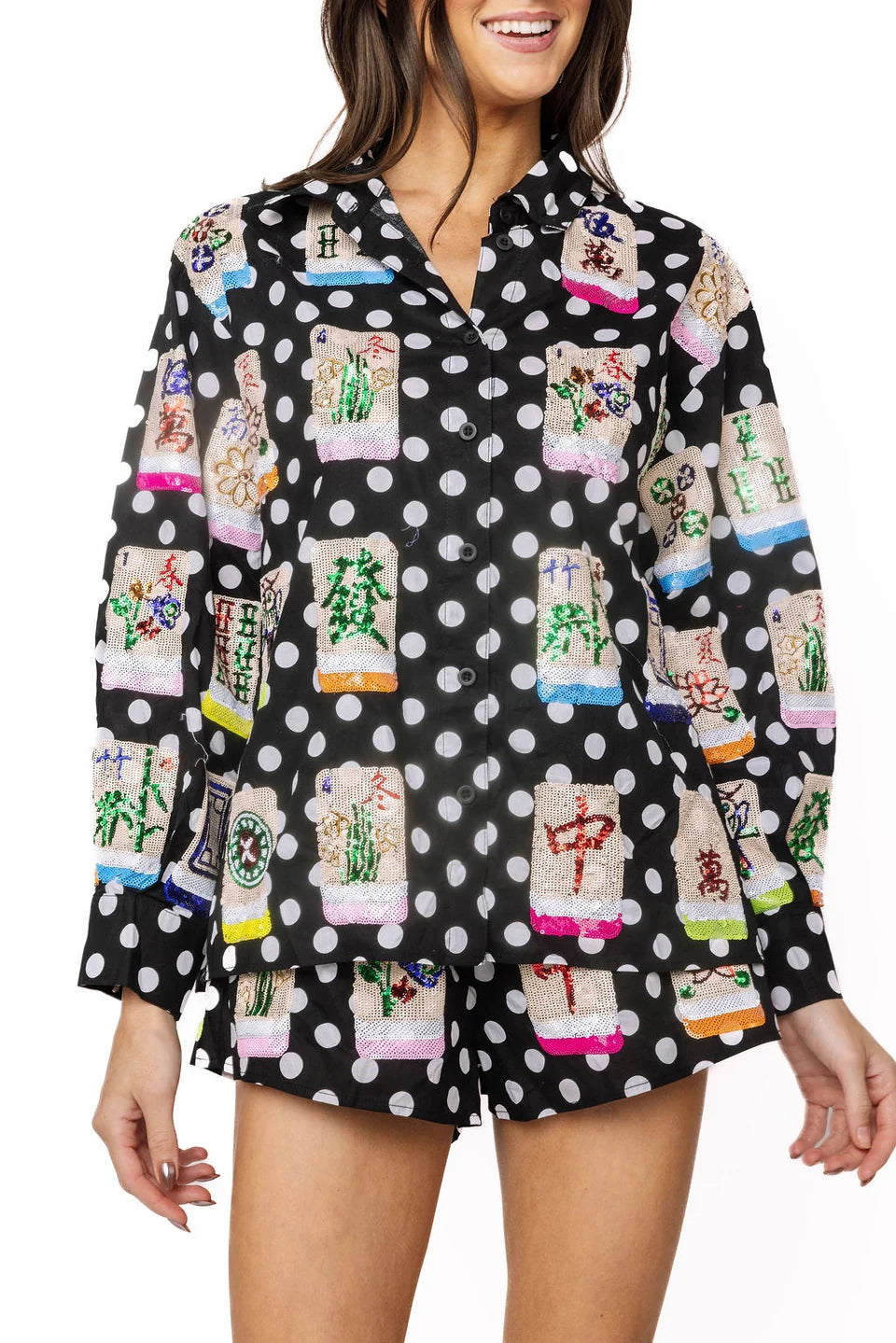 Queen of Sparkles Black & White Polka Dot Scattered Mahjong Button Up Top