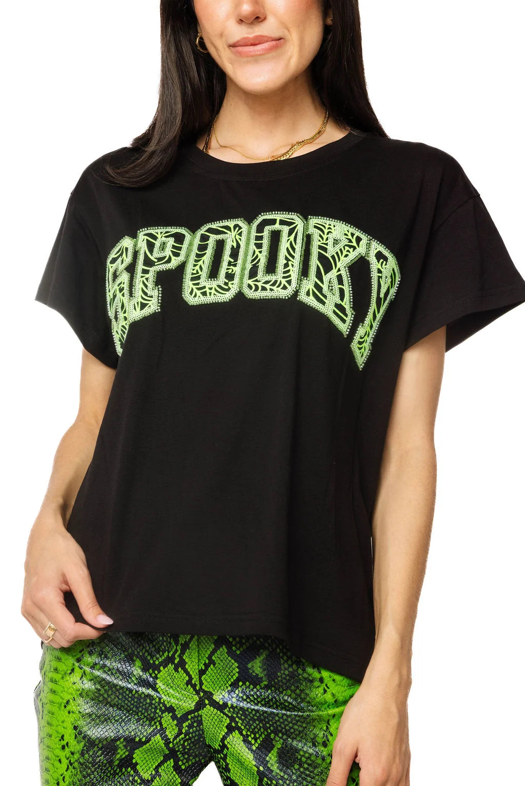 Queen of Sparkles Neon Spiderweb Spooky Tee Black and Green