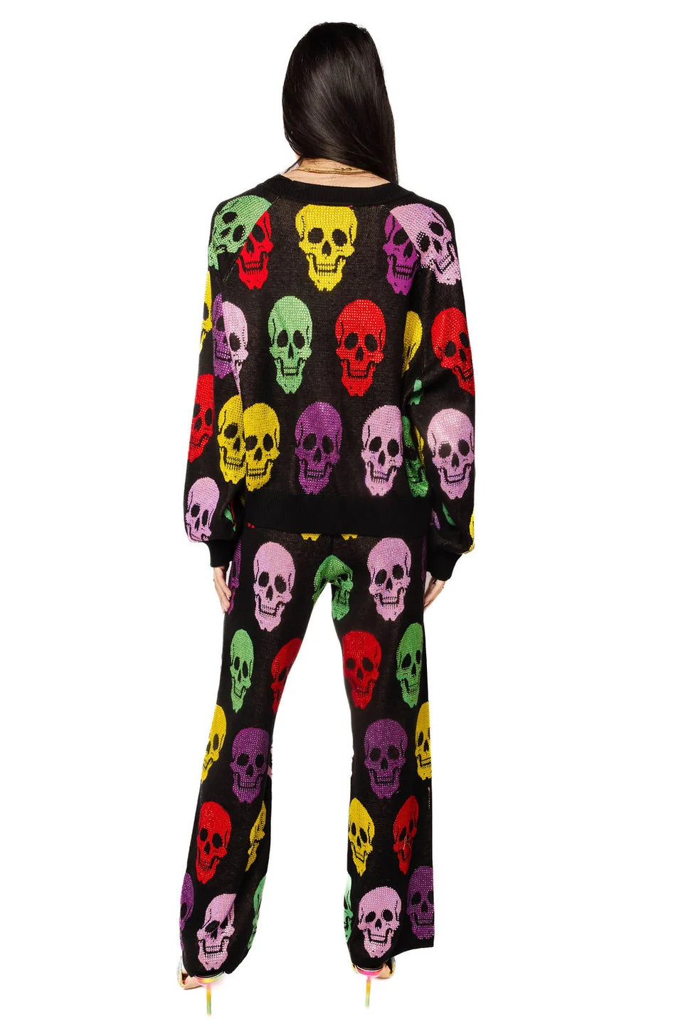 Queen of Sparkles Black Multi Skull Button Rhinestone Knit Pant