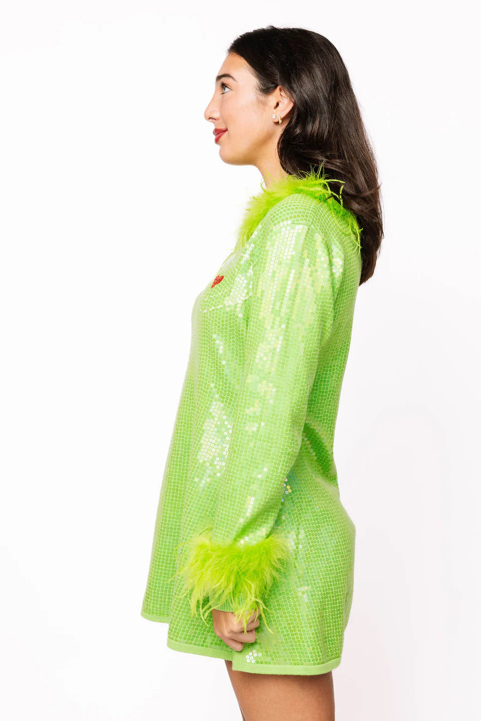 Queen of Sparkles Green Full Sequin Feather Trim Grinch Heart Dress