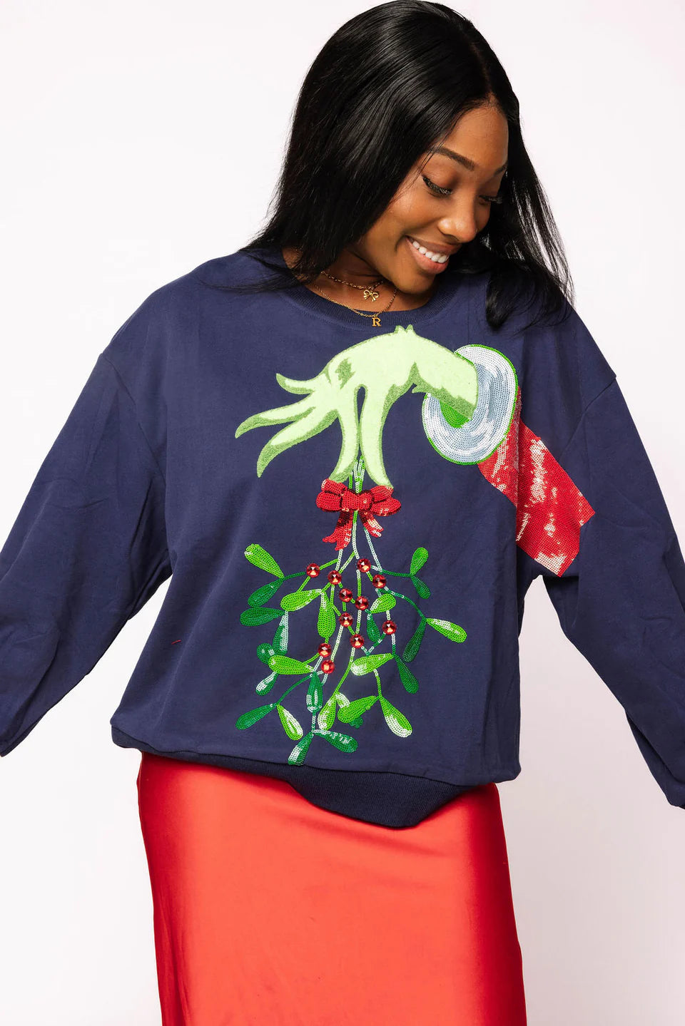 Queen of Sparkles Navy Grinch Mistletoe Hand Sweatshirt