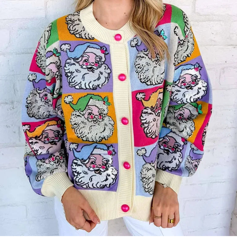 Queen of Sparkles Pastel Colorblock Santa Button Up Cardigan