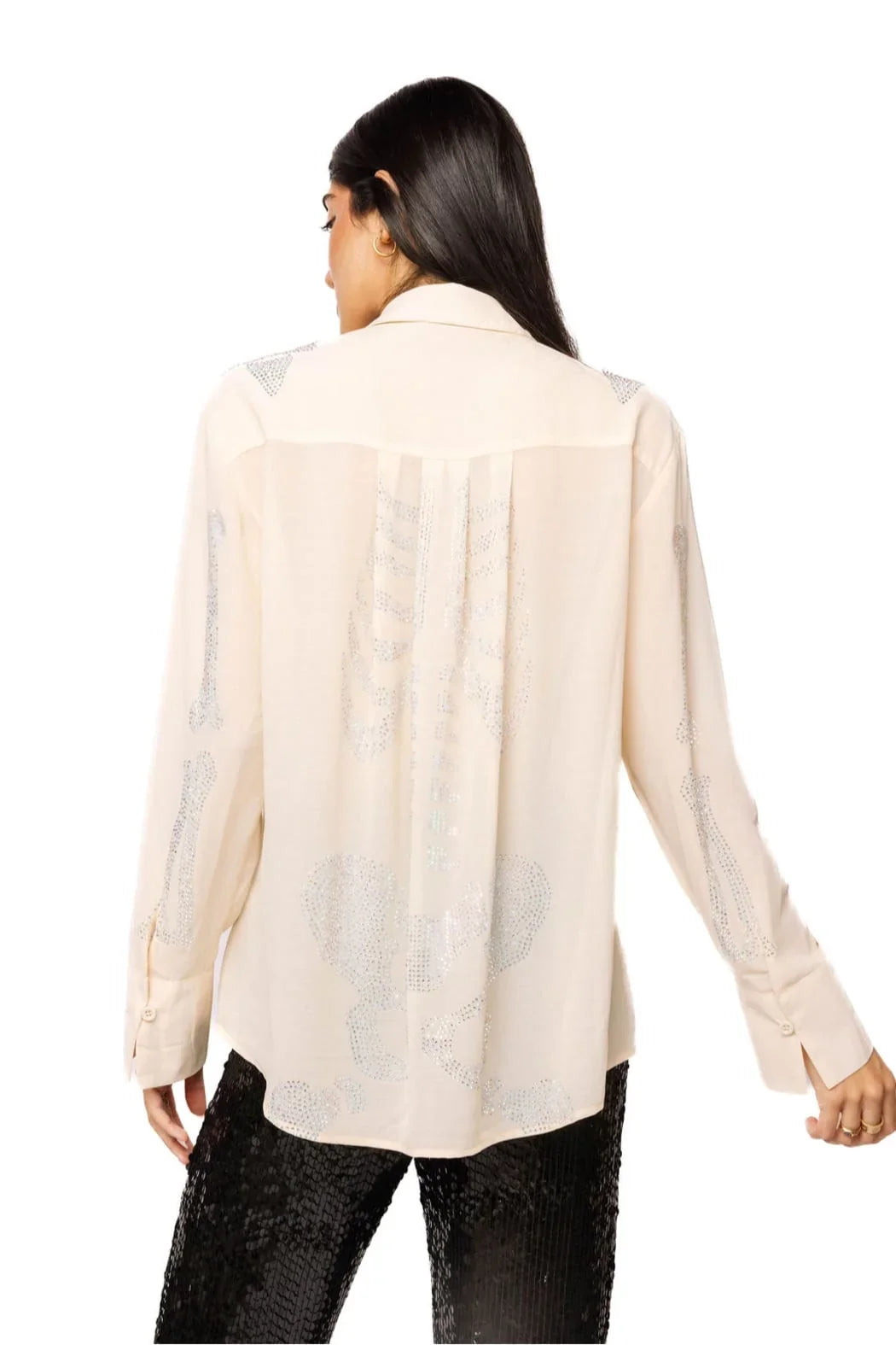 Queen of Sparkles Beige Silk Rhinestone Skeleton Button Down Top
