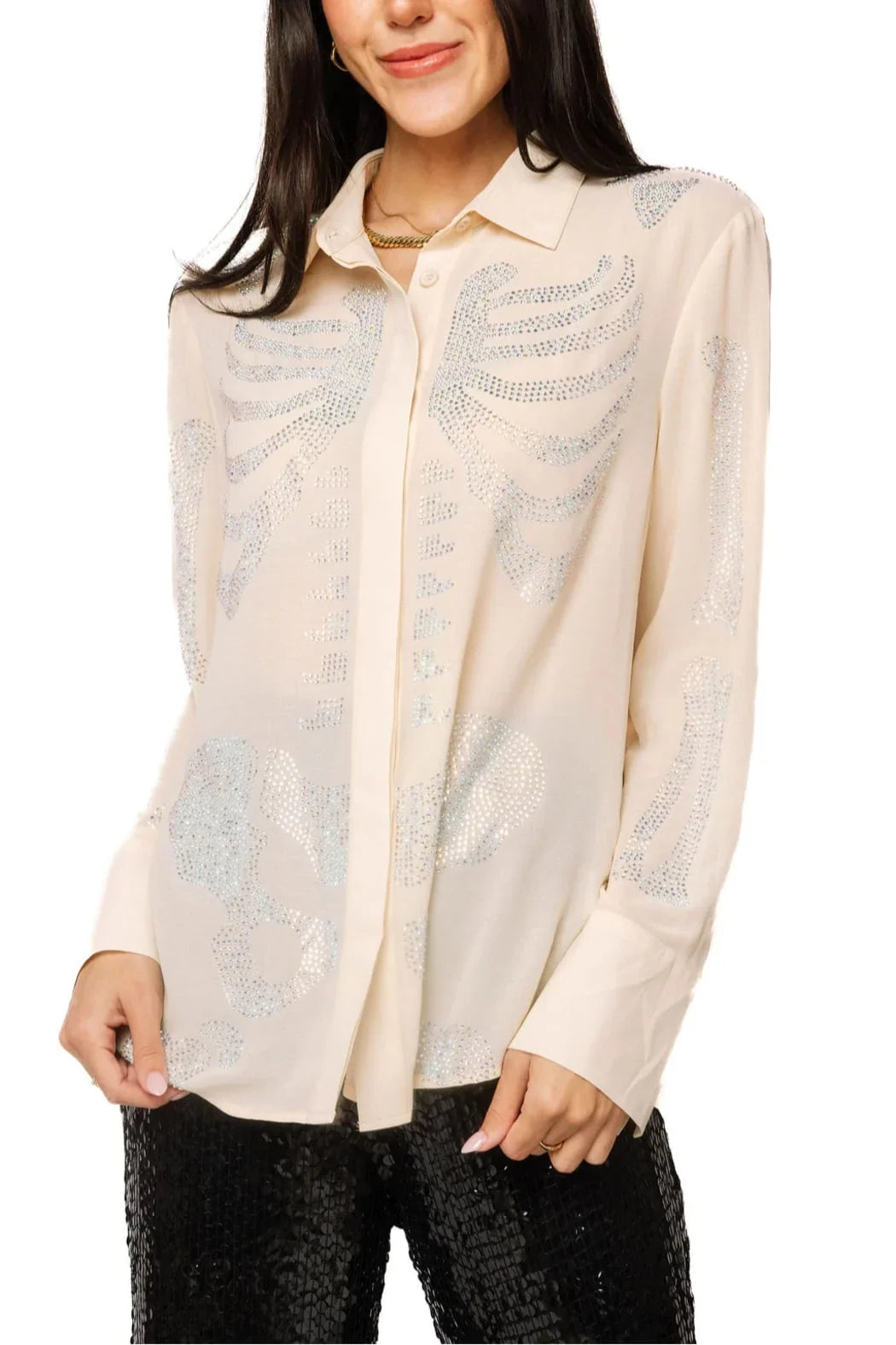 Queen of Sparkles Beige Silk Rhinestone Skeleton Button Down Top