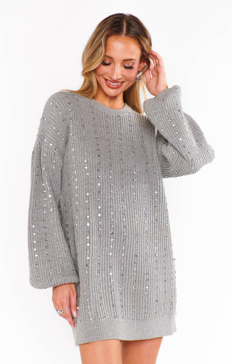 Show Me Your Mumu Social Sweater Dress Silver Sequins Knit