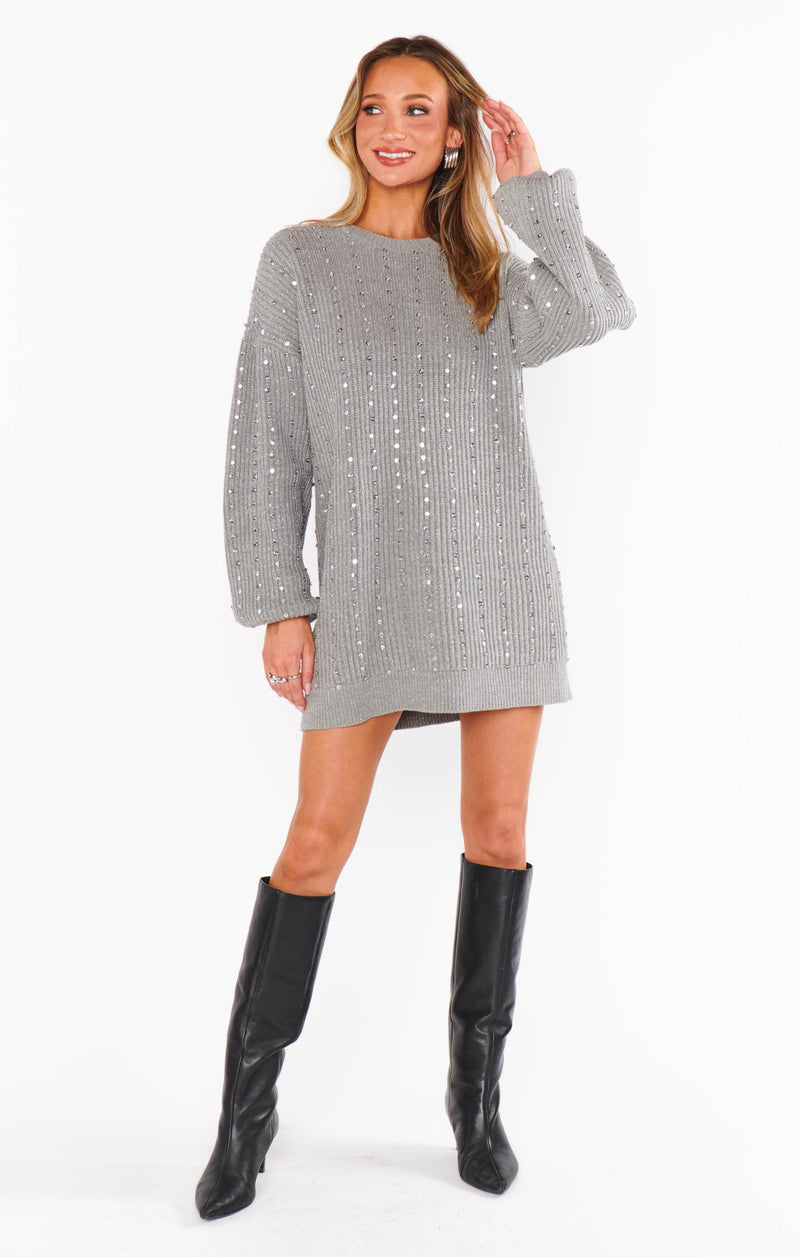 Show Me Your Mumu Social Sweater Dress Silver Sequins Knit