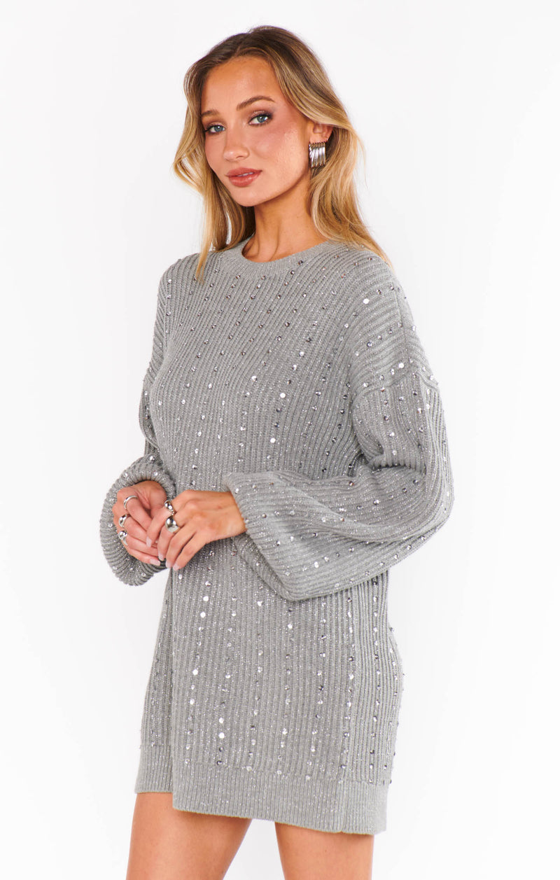 Show Me Your Mumu Social Sweater Dress Silver Sequins Knit