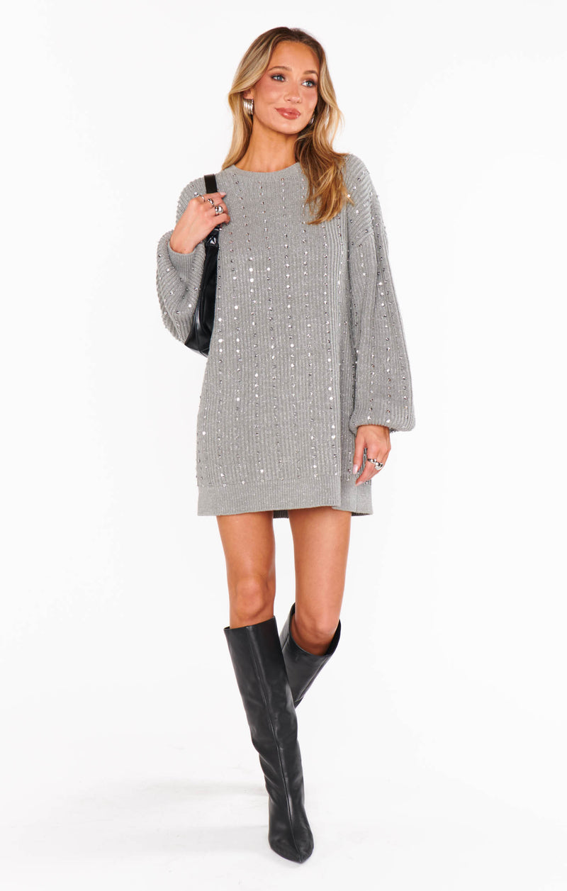 Show Me Your Mumu Social Sweater Dress Silver Sequins Knit