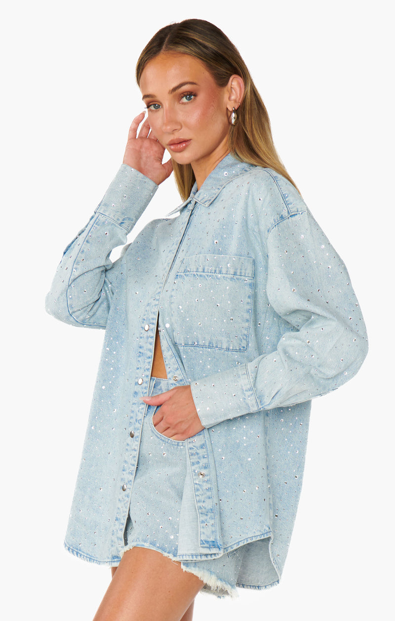 Show Me Your Mumu Lincoln Shirt Jacket Embellished Light Indigo