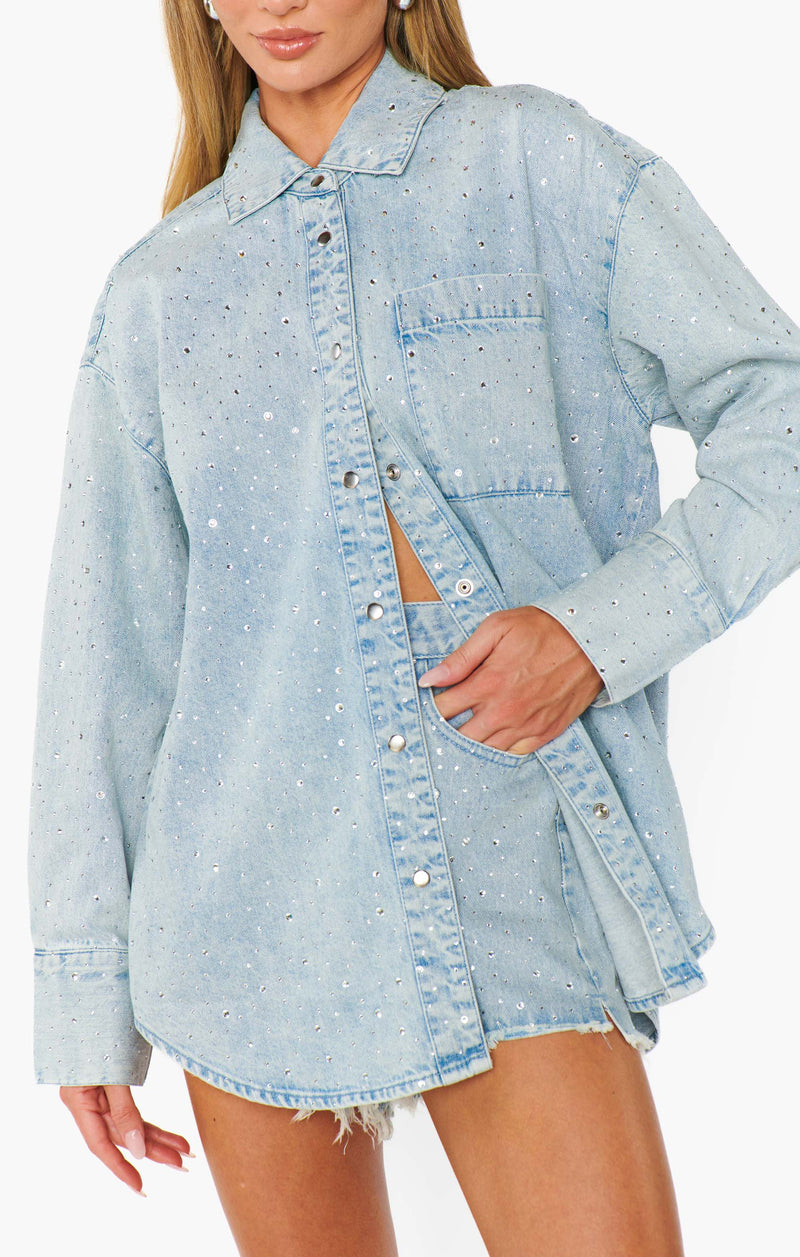 Show Me Your Mumu Lincoln Shirt Jacket Embellished Light Indigo