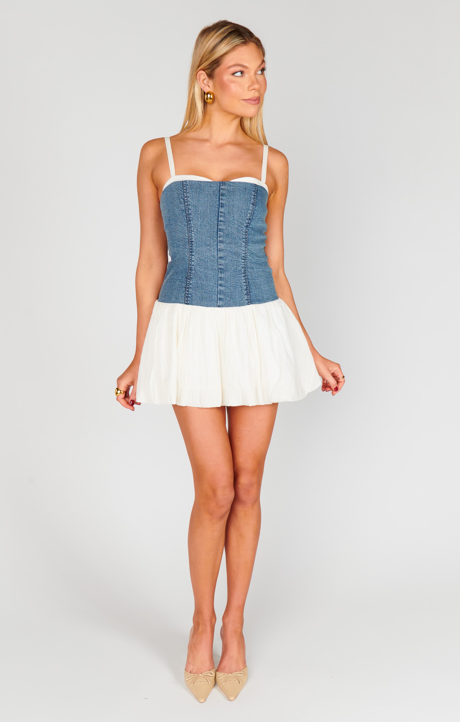 Show Me Your Mumu Tiffany Skort Dress Denim with Cream Voile*AUGUST PRE-ORDER*