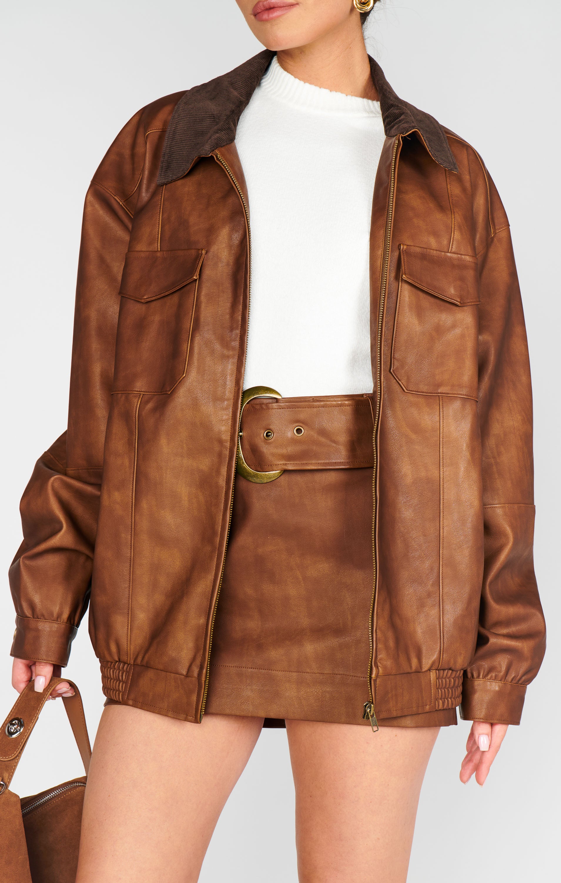 Show Me Your Mumu Maverick Bomber Jacket Chestnut Brown Faux Leather
