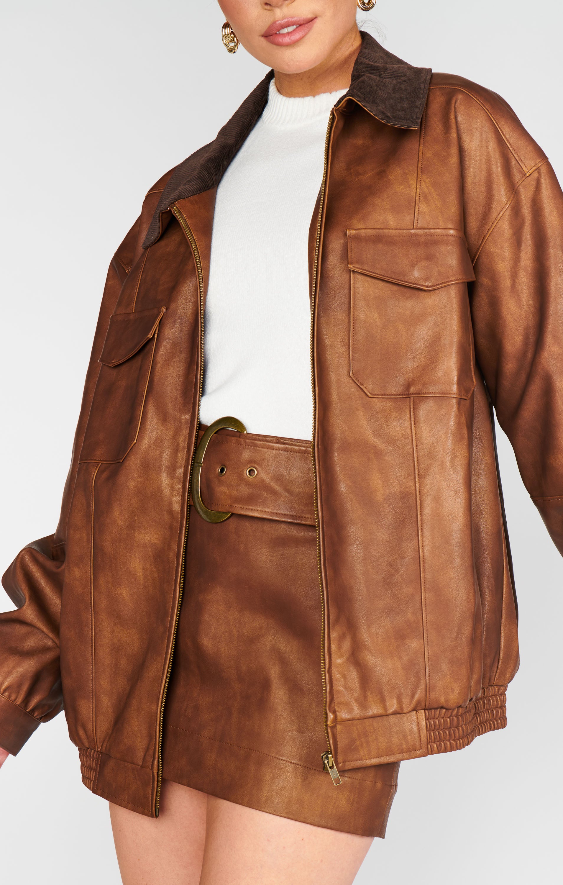 Show Me Your Mumu Maverick Bomber Jacket Chestnut Brown Faux Leather