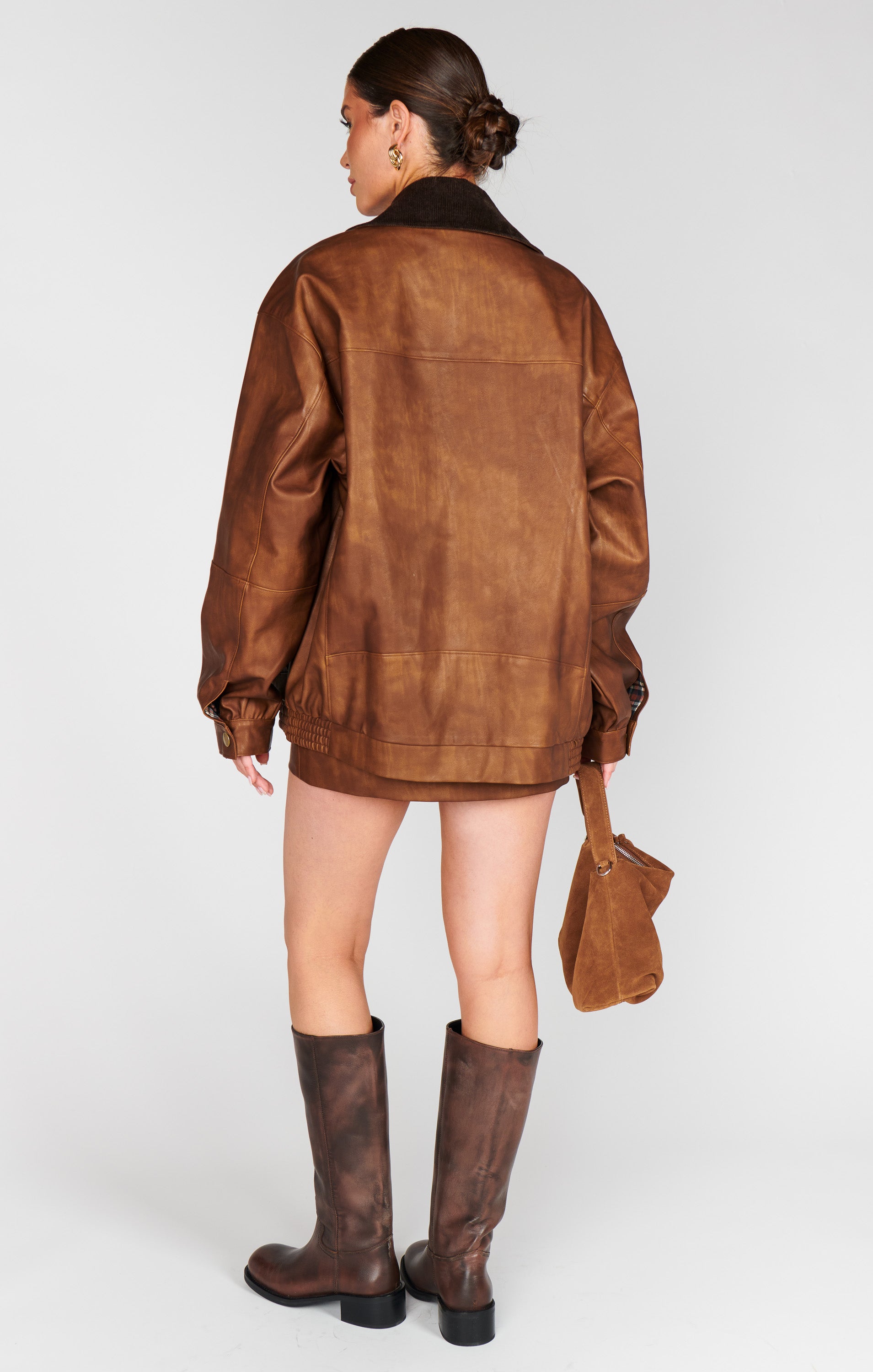 Show Me Your Mumu Maverick Bomber Jacket Chestnut Brown Faux Leather