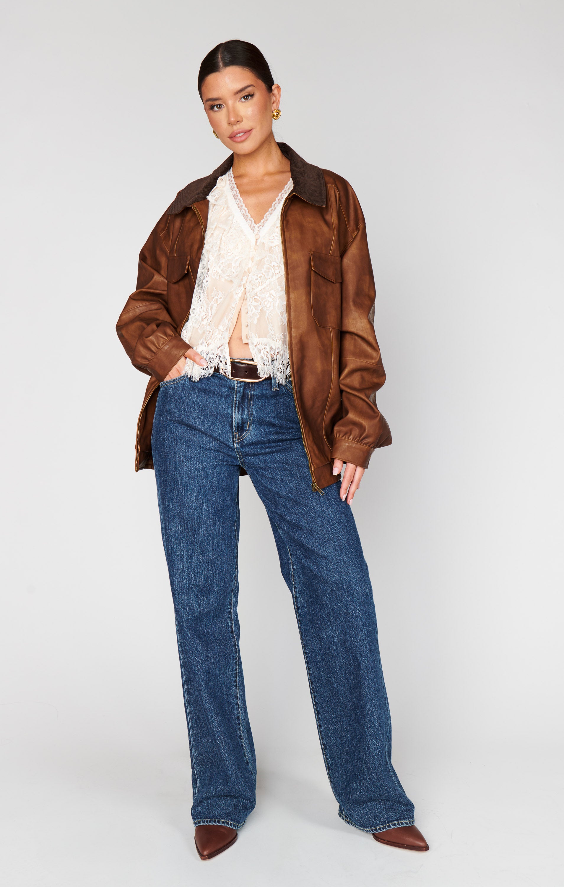 Show Me Your Mumu Maverick Bomber Jacket Chestnut Brown Faux Leather