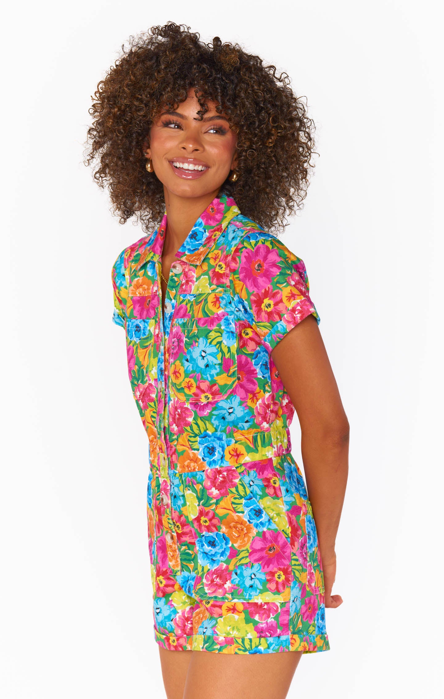 Show me Your Mumu Cannon Romper Bright Floral Soiree Denim